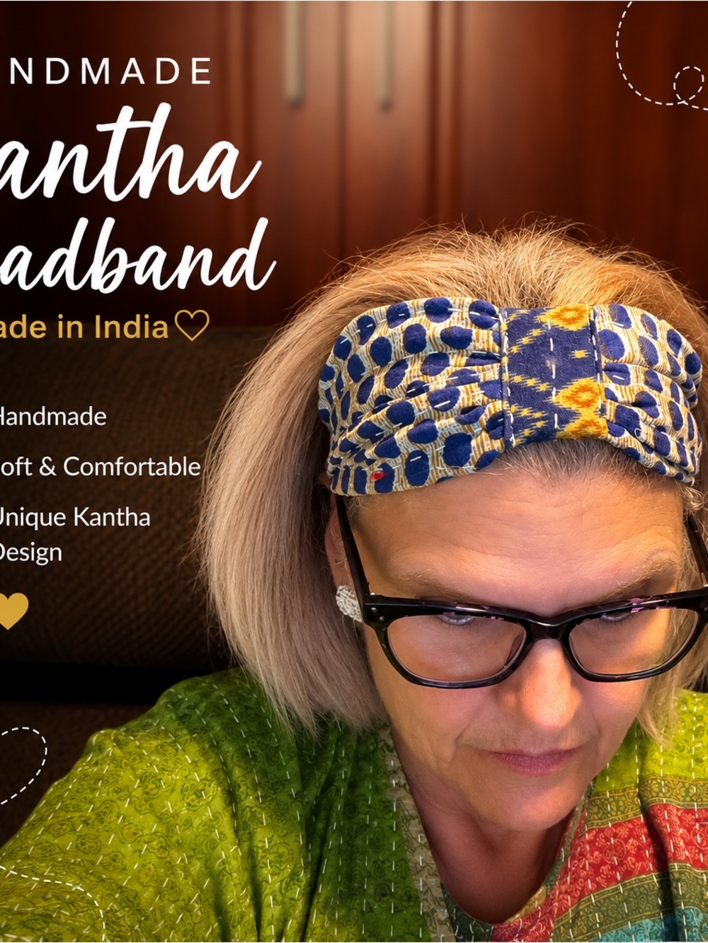Handmade Kantha Headband in Blue & Yellow - Women's Hair Accessory-Made in India